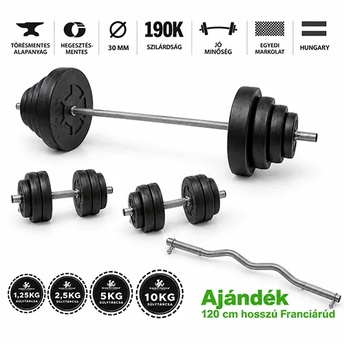 GazoFitness® Hardcore Készlet 67,5 Kg ( Ajándék 120 cm hosszú Franciarúd)