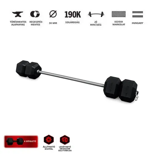 GazoFitness® Hatszögletű súlyzókészlet kétkezes rúddal 18 kg